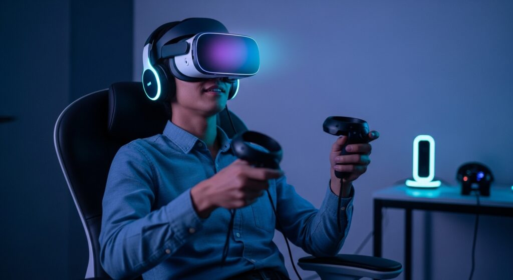 بيك 2 تيك - Pick2Take - تقنيات الواقع الافتراضي-نحو عالم رقمي مدمج بالواقع | Pick2Take شخص يستخدم نظارة احد تقنيات الواقع الافتراضي